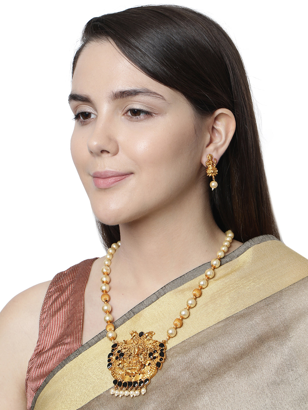 Women's Antique Matte Gold Finish Goddess Laxmi Black Stone Studded Temple Jewellery set - Anikas Creation