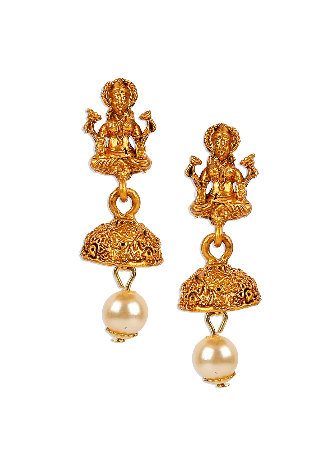 Women's Antique Matte Gold Finish Goddess Laxmi Black Stone Studded Temple Jewellery set - Anikas Creation