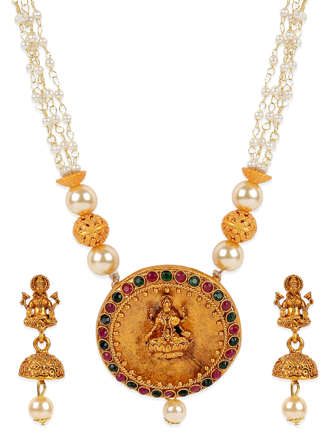 Women's Antique Matte Gold Finish Goddess Laxmi Green Stone Studded Temple Jewellery set - Anikas Creation