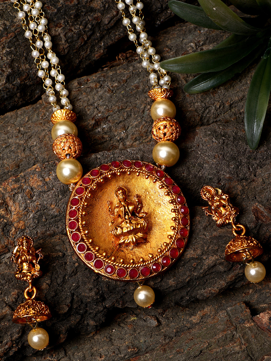 Women's Antique Matte Gold Finish Goddess Laxmi Maroon Stone Studded Temple Jewellery set - Anikas Creation