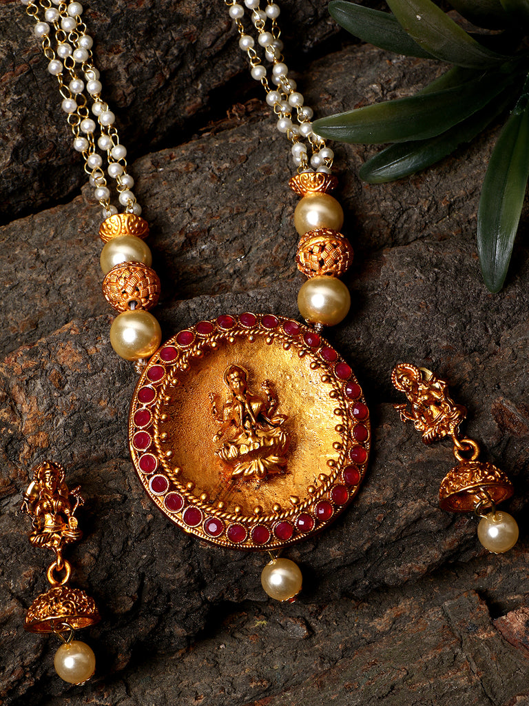 Women's Antique Matte Gold Finish Goddess Laxmi Maroon Stone Studded Temple Jewellery set