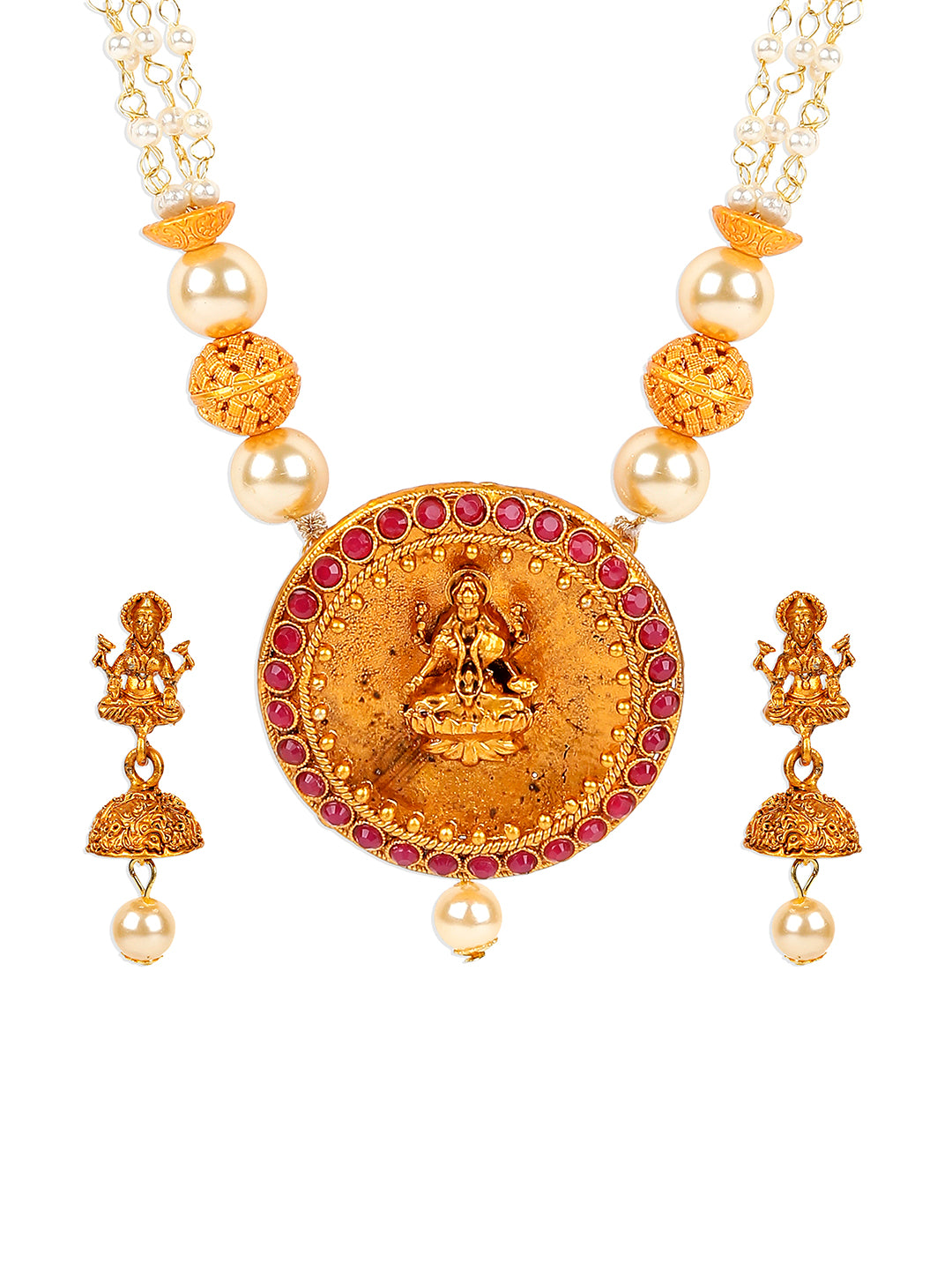 Women's Antique Matte Gold Finish Goddess Laxmi Maroon Stone Studded Temple Jewellery set - Anikas Creation