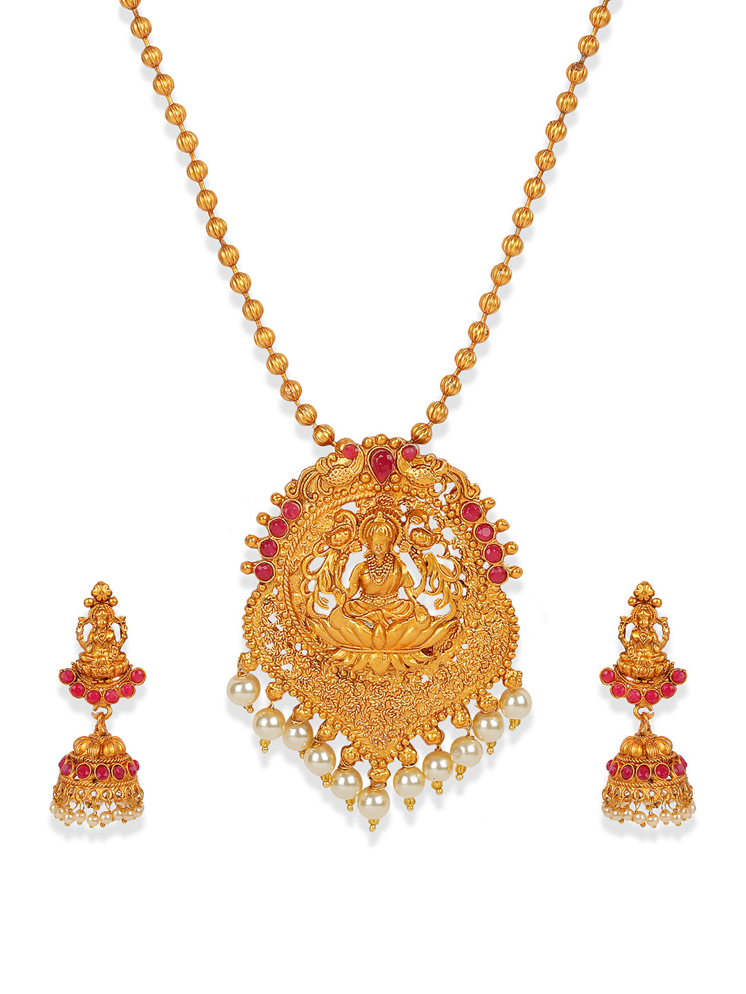 Women's Antique Matte Gold Finish Goddess Laxmi White Stone Studded Temple Jewellery set - Anikas Creation