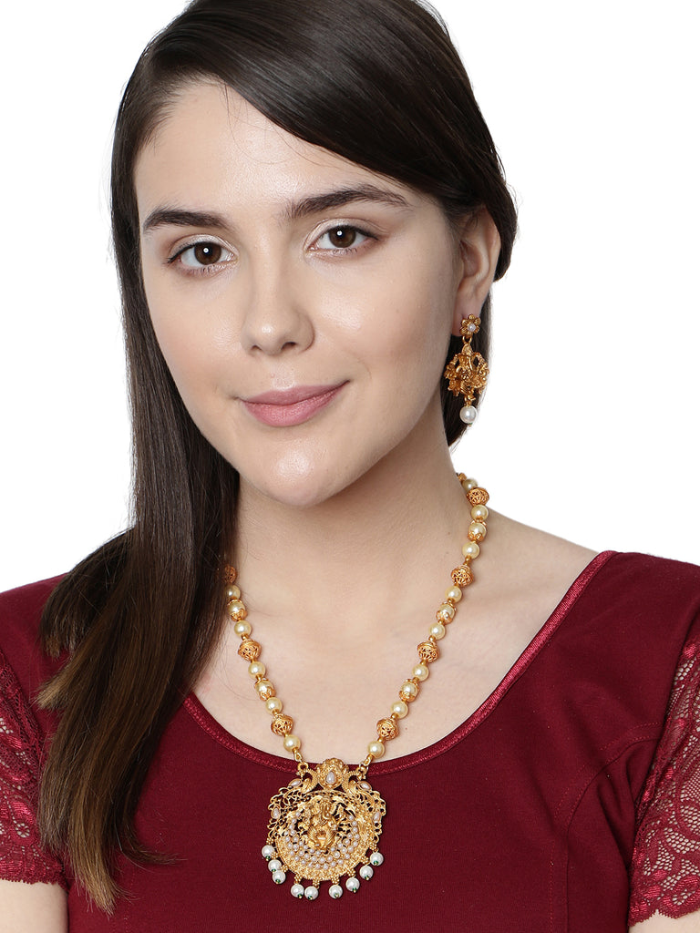 Women's Gold Plated Maa Laxmi Stone Studded Necklace With Earrrings