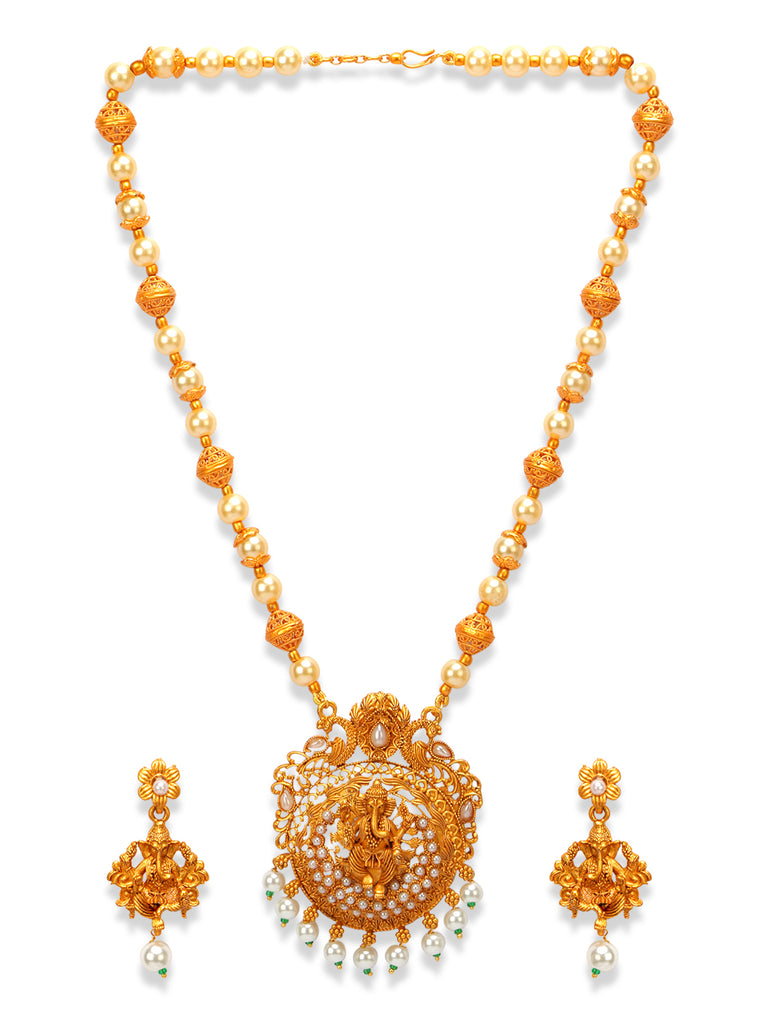 Women's Gold Plated Maa Laxmi Stone Studded Necklace With Earrrings