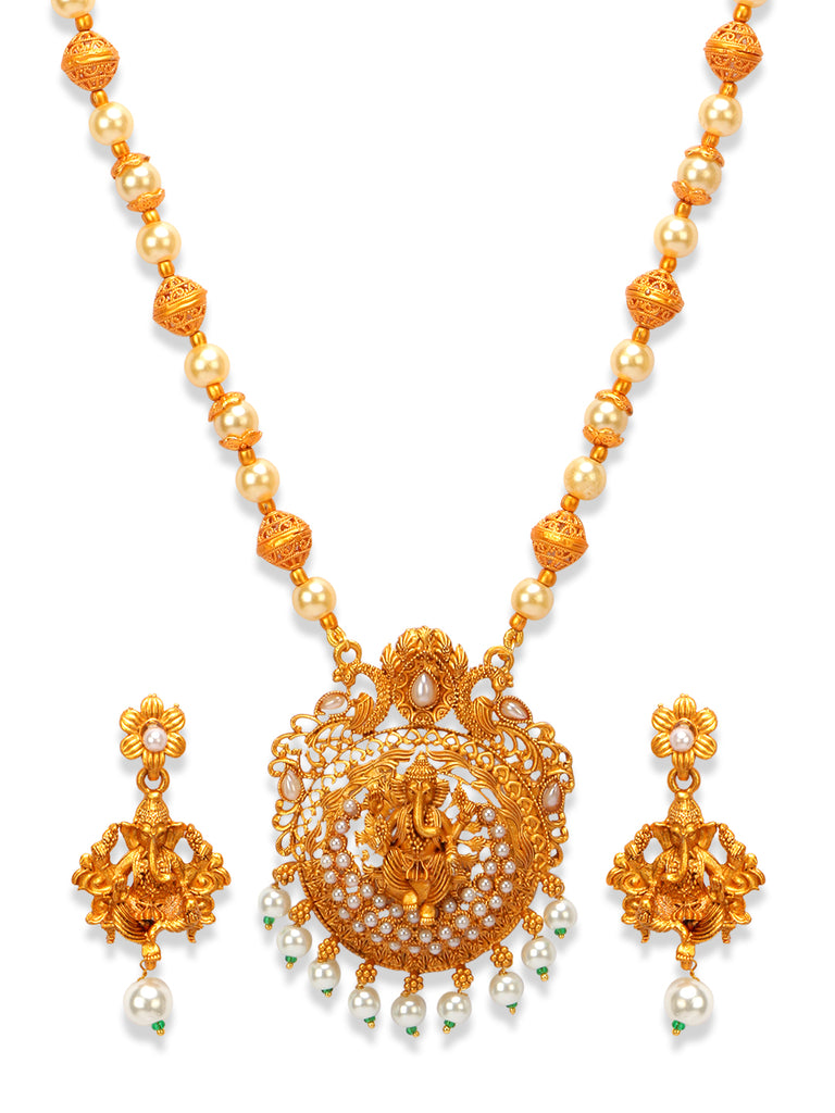 Women's Gold Plated Maa Laxmi Stone Studded Necklace With Earrrings
