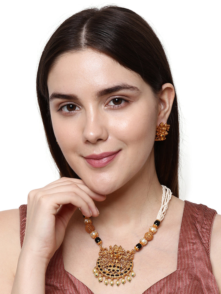 Women's Gold Plated Maa Laxmi Stone Studded Necklace With Earrrings