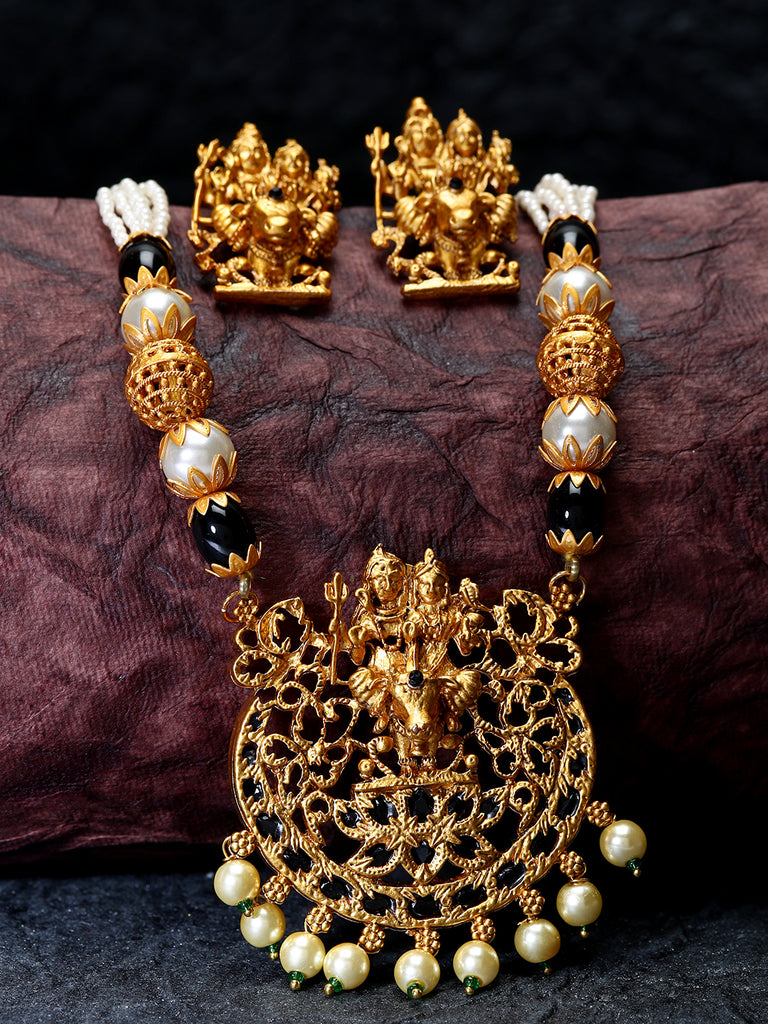 Women's Gold Plated Maa Laxmi Stone Studded Necklace With Earrrings