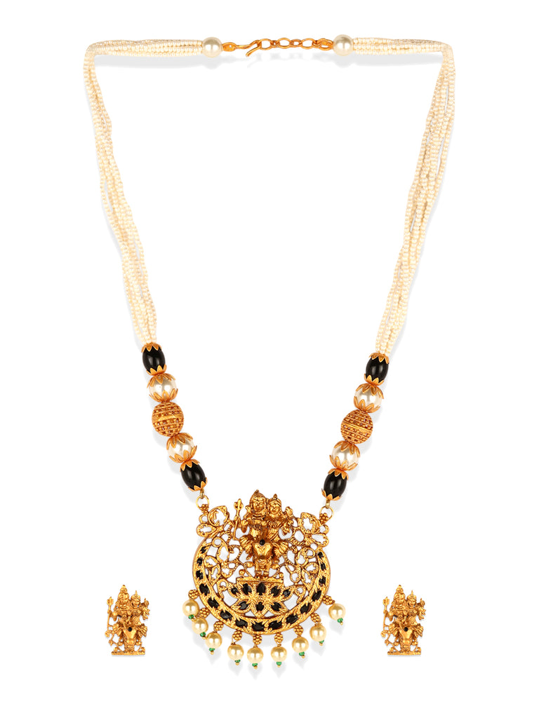 Women's Gold Plated Maa Laxmi Stone Studded Necklace With Earrrings