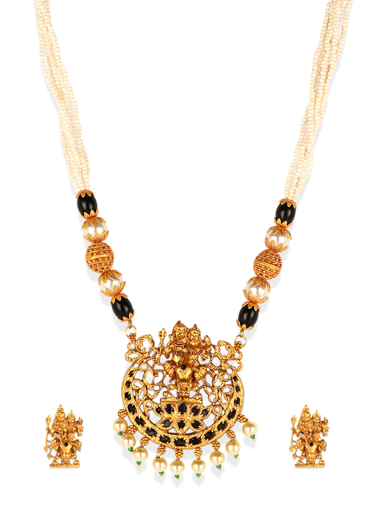 Women's Gold Plated Maa Laxmi Stone Studded Necklace With Earrrings