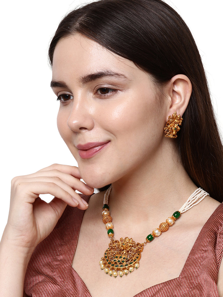 Women's Gold Plated Maa Laxmi Stone Studded Necklace With Earrrings