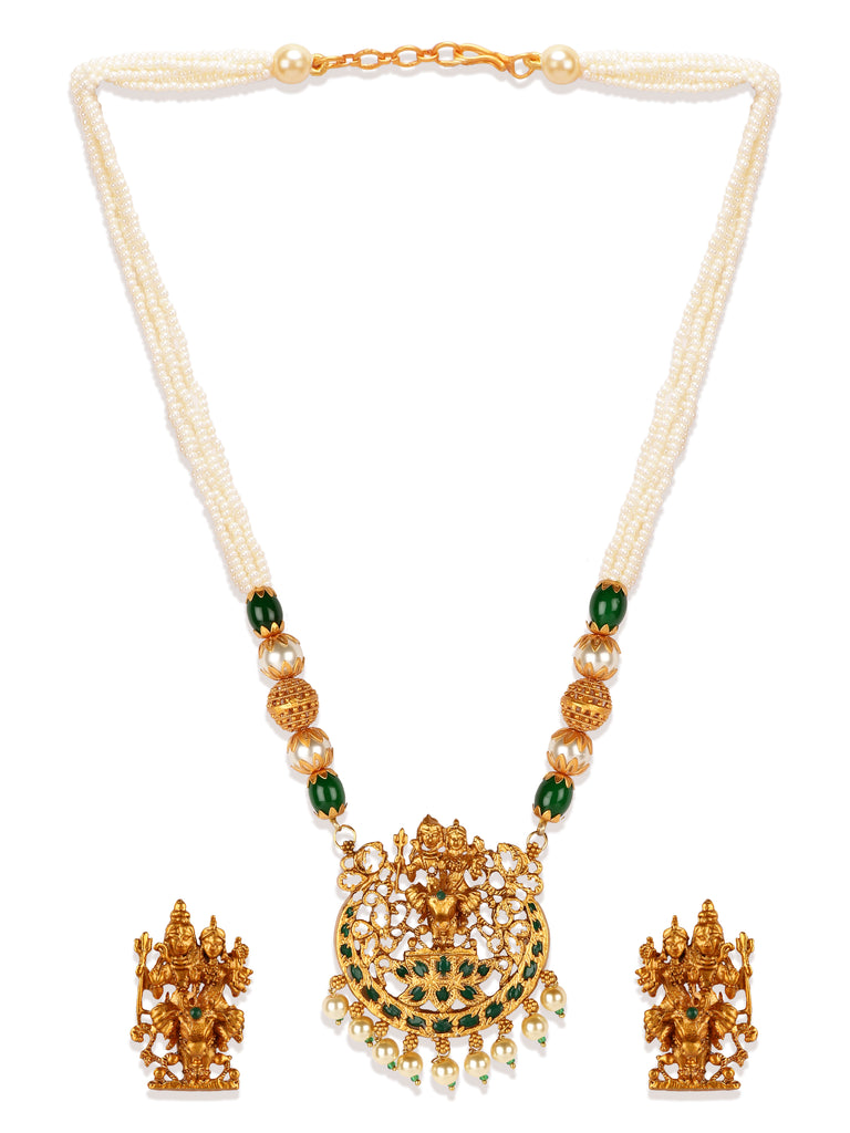 Women's Gold Plated Maa Laxmi Stone Studded Necklace With Earrrings