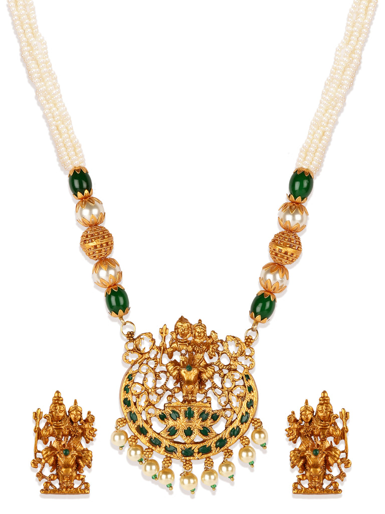 Women's Gold Plated Maa Laxmi Stone Studded Necklace With Earrrings
