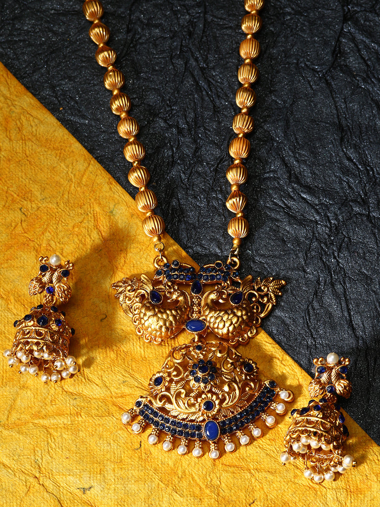 Women's Gold Plated Maa Laxmi Stone Studded Necklace With Earrrings