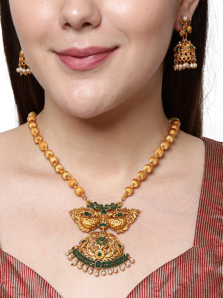 Women's Gold Plated Maa Laxmi Stone Studded Necklace With Earrrings
