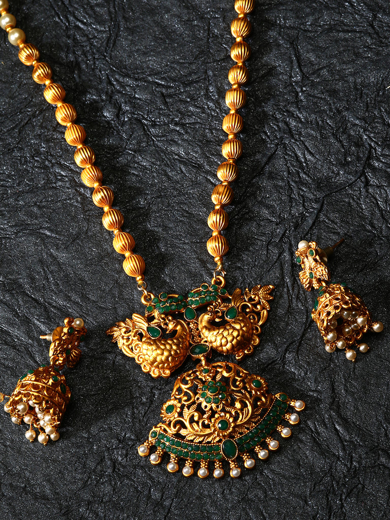 Women's Gold Plated Maa Laxmi Stone Studded Necklace With Earrrings
