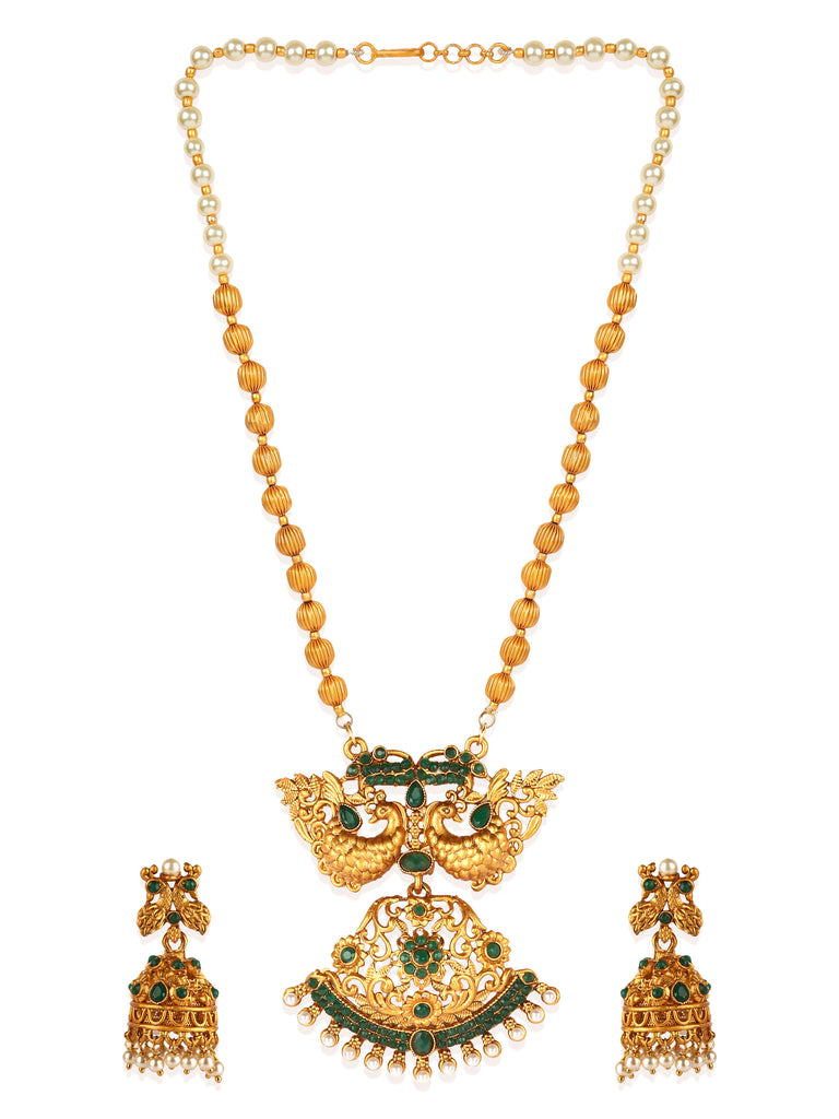 Women's Gold Plated Maa Laxmi Stone Studded Necklace With Earrrings
