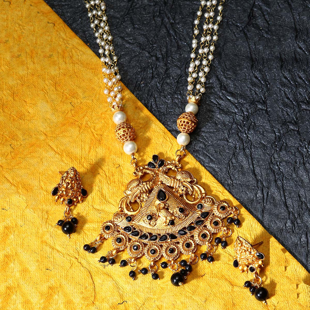 Women's Gold Plated Maa Laxmi Stone Studded Necklace With Earrrings