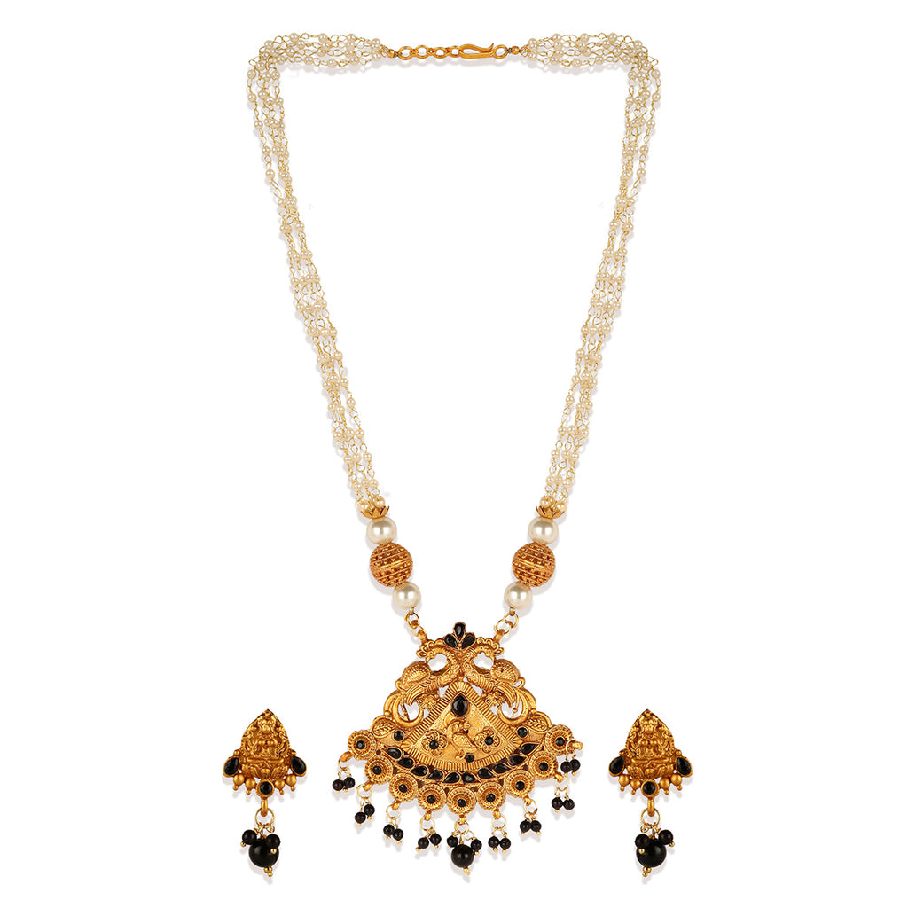 Women's Gold Plated Maa Laxmi Stone Studded Necklace With Earrrings