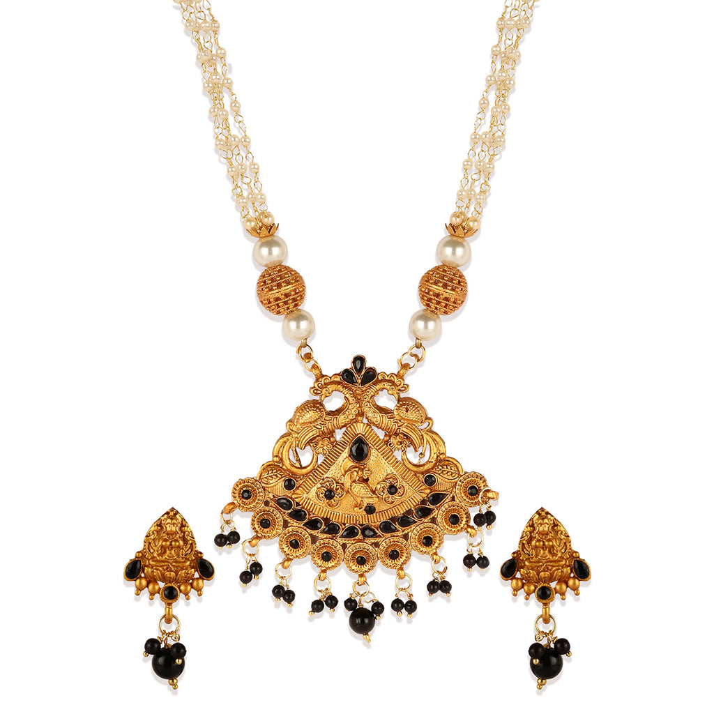 Women's Gold Plated Maa Laxmi Stone Studded Necklace With Earrrings