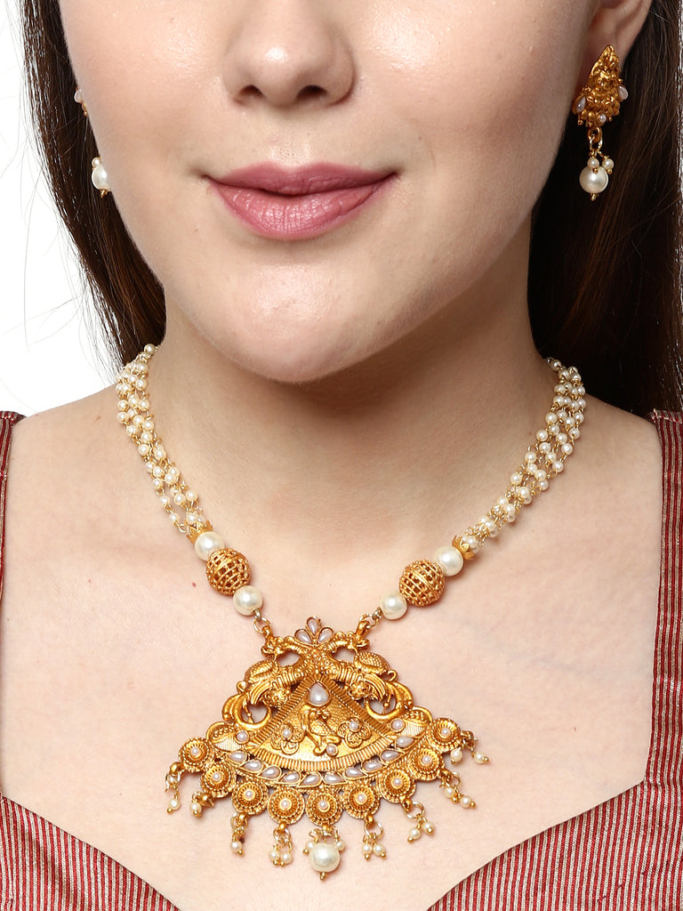 Women's Gold Plated Maa Laxmi Stone Studded Necklace With Earrrings