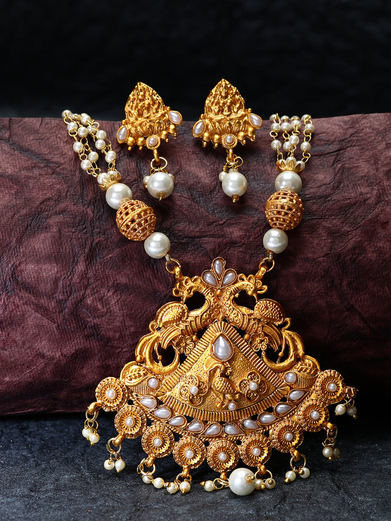 Women's Gold Plated Maa Laxmi Stone Studded Necklace With Earrrings