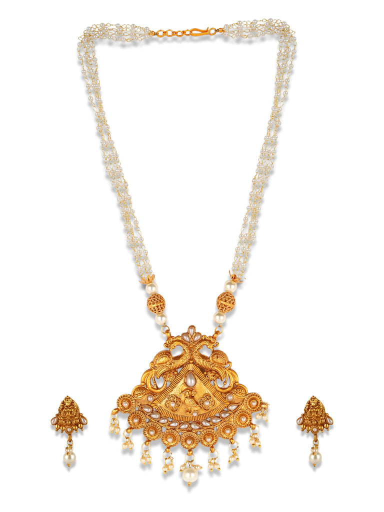 Women's Gold Plated Maa Laxmi Stone Studded Necklace With Earrrings