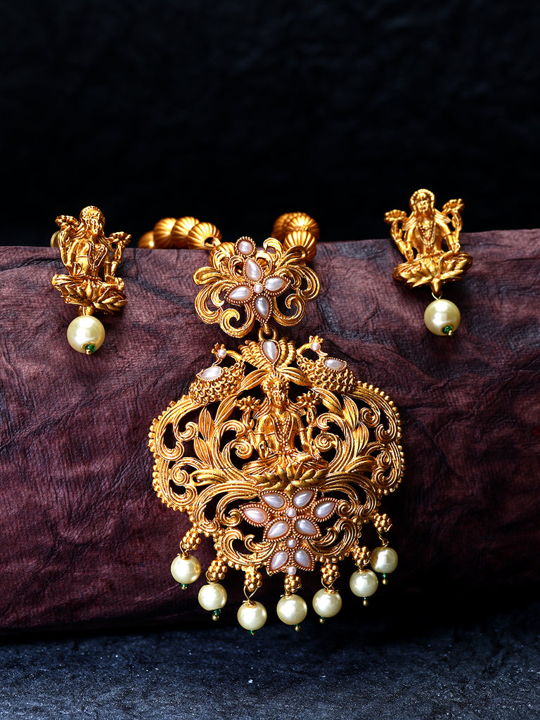 Women's Gold Plated Maa Laxmi Stone Studded Necklace With Earrrings