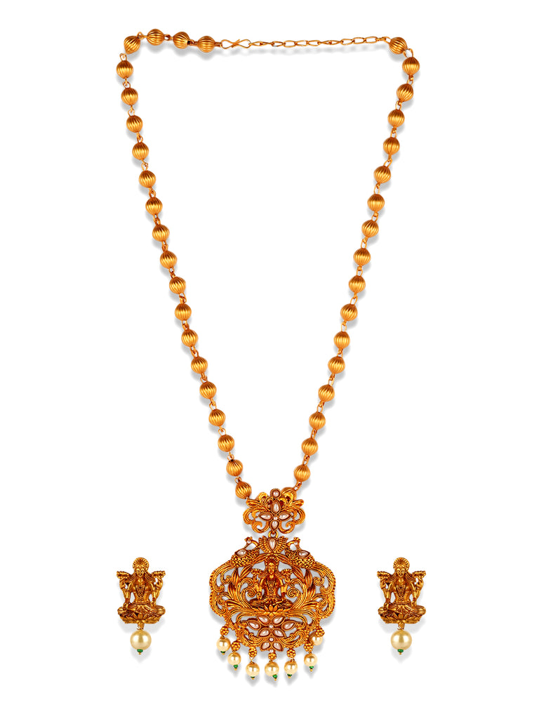 Women's Gold Plated Maa Laxmi Stone Studded Necklace With Earrrings