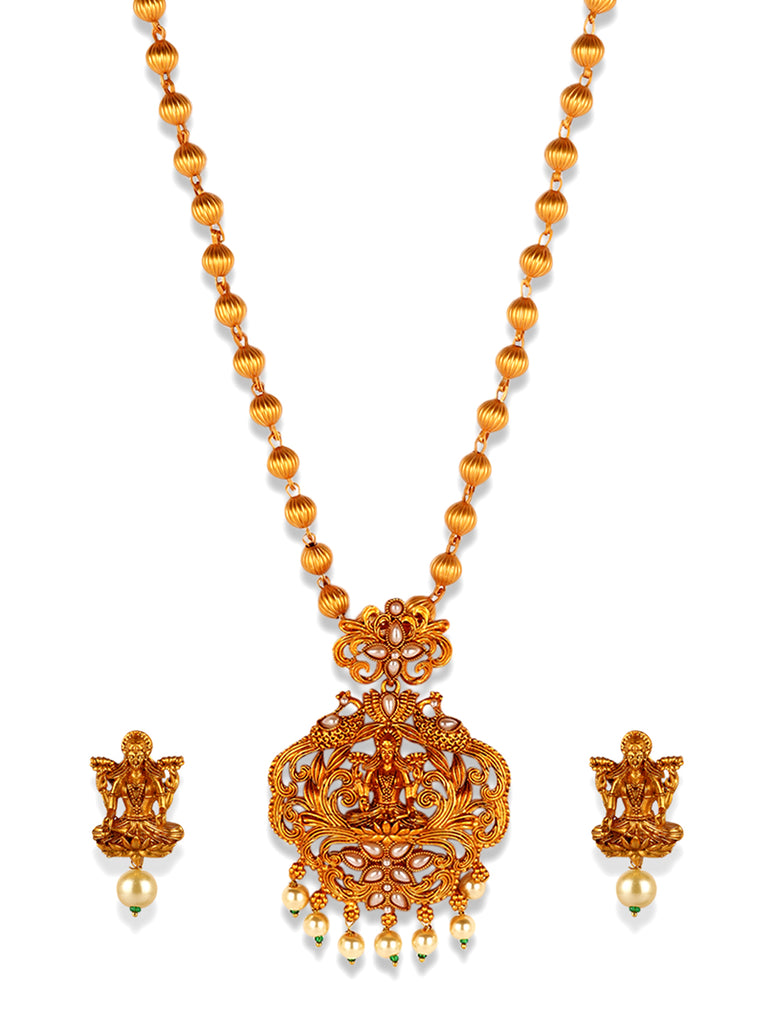 Women's Gold Plated Maa Laxmi Stone Studded Necklace With Earrrings