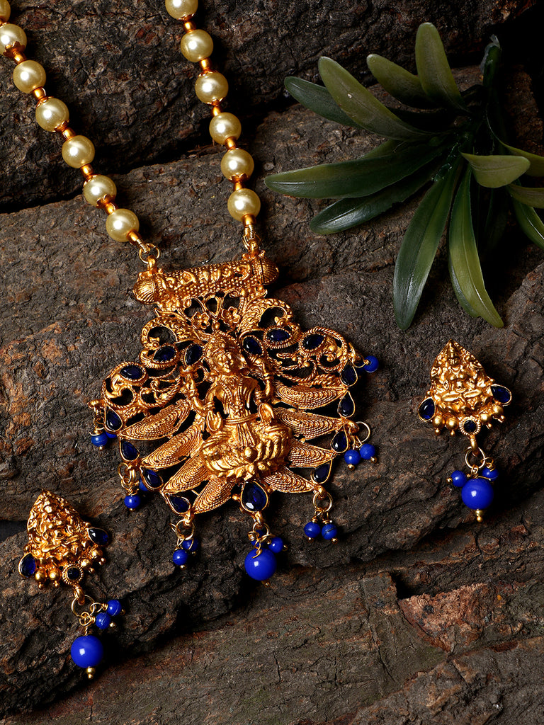 Women's Antique Matte Gold Finish Blue Stone Studded Temple Jewellery set
