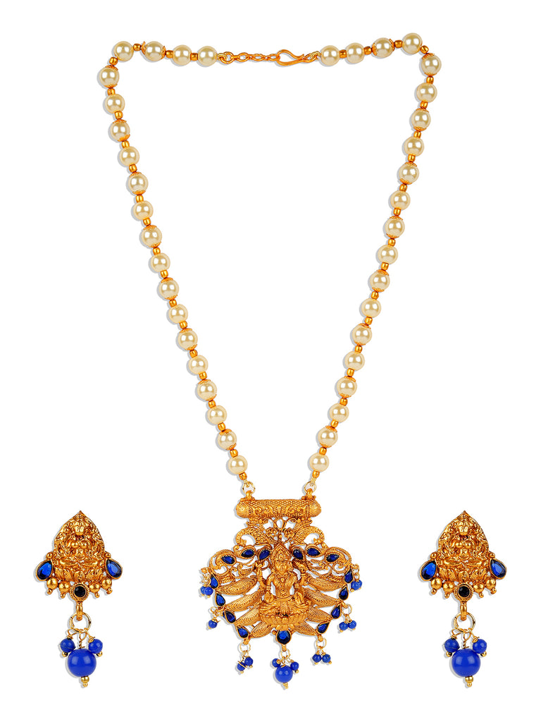 Women's Antique Matte Gold Finish Blue Stone Studded Temple Jewellery set