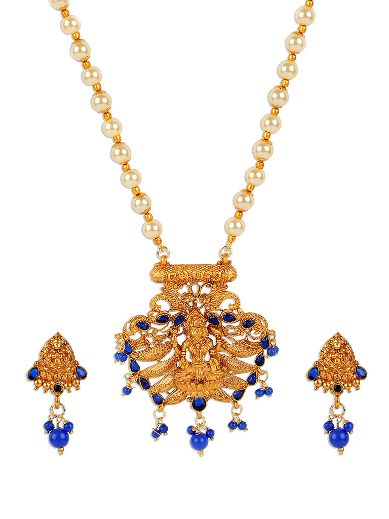 Women's Antique Matte Gold Finish Blue Stone Studded Temple Jewellery set