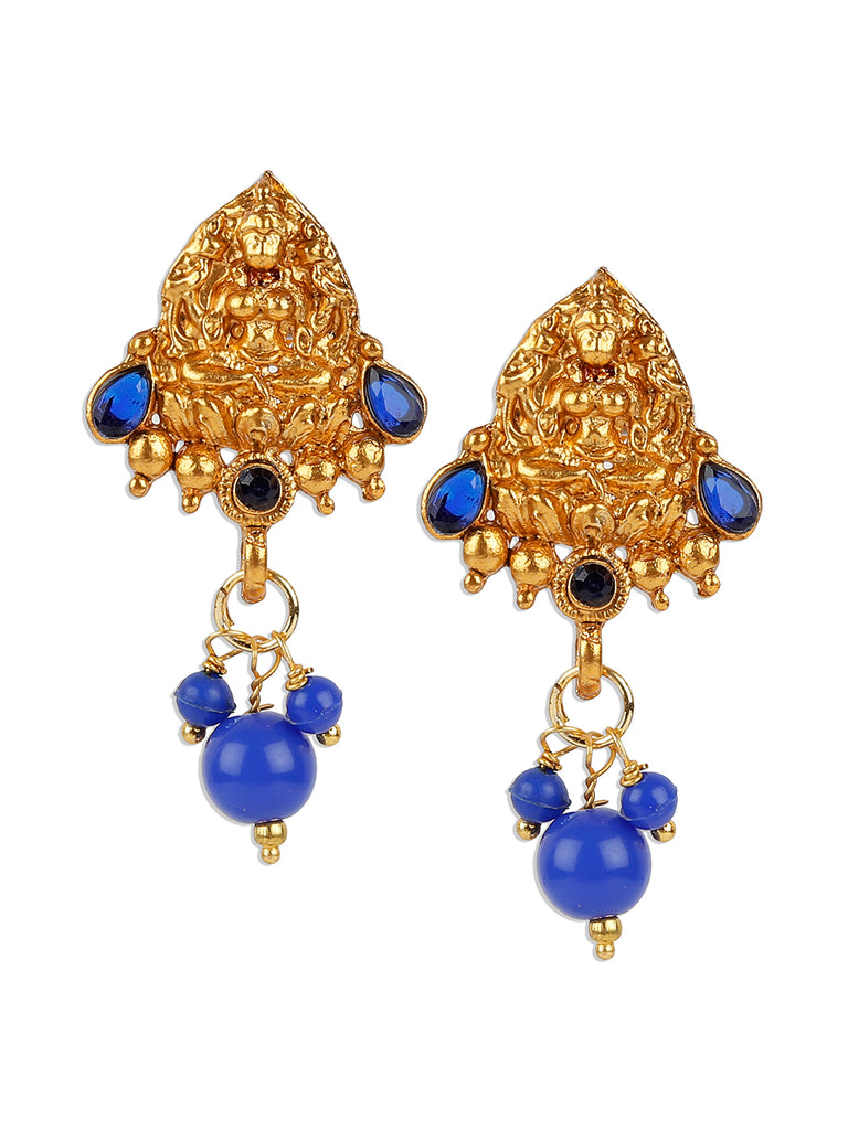 Women's Antique Matte Gold Finish Blue Stone Studded Temple Jewellery set