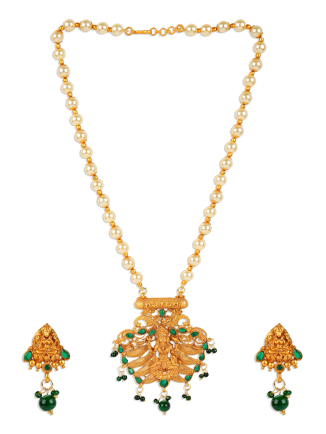 Women's Antique Matte Gold Finish Green Stone Studded Temple Jewellery set - Anikas Creation