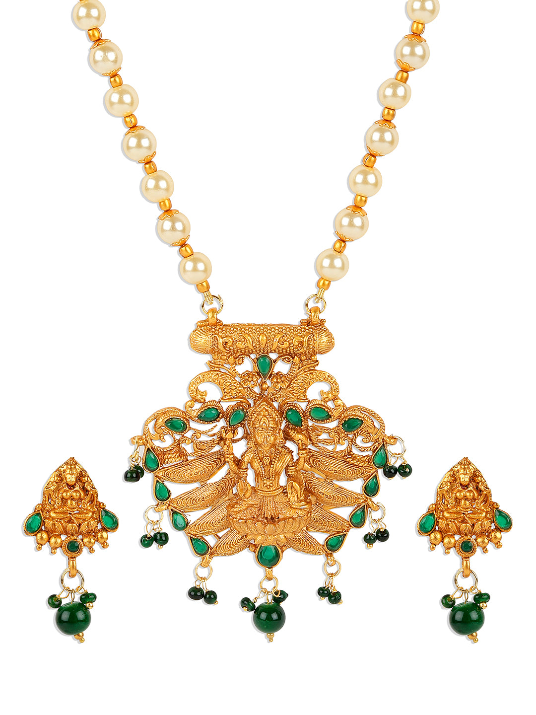 Women's Antique Matte Gold Finish Green Stone Studded Temple Jewellery set - Anikas Creation