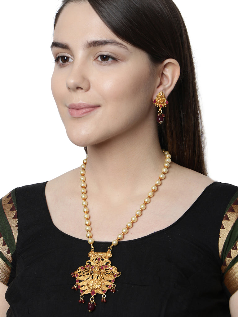 Women's Antique Matte Gold Finish Maroon Stone Studded Temple Jewellery set
