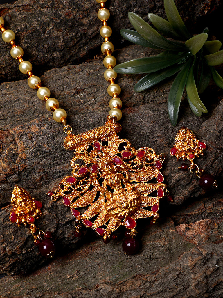 Women's Antique Matte Gold Finish Maroon Stone Studded Temple Jewellery set