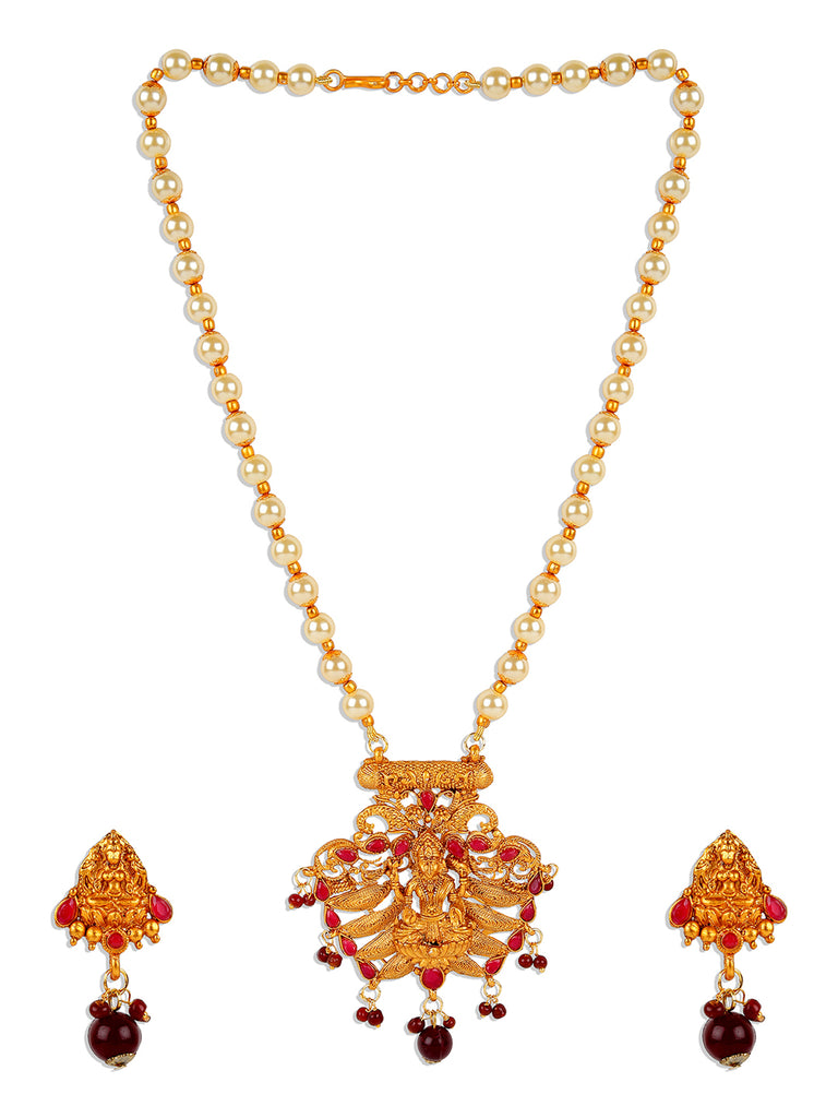 Women's Antique Matte Gold Finish Maroon Stone Studded Temple Jewellery set