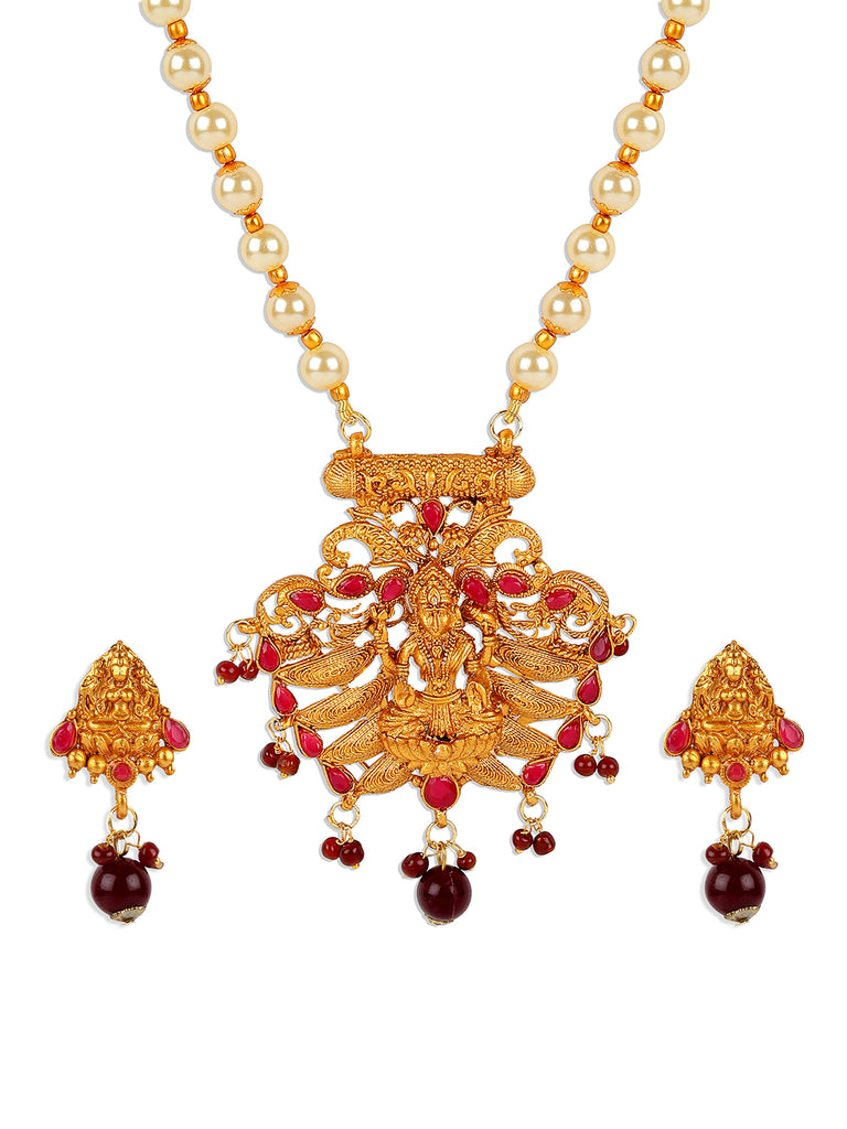 Women's Antique Matte Gold Finish Maroon Stone Studded Temple Jewellery set