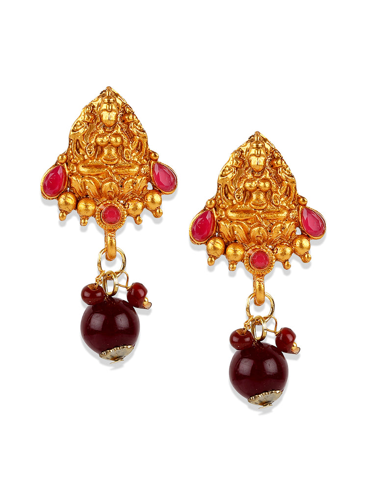 Women's Antique Matte Gold Finish Maroon Stone Studded Temple Jewellery set