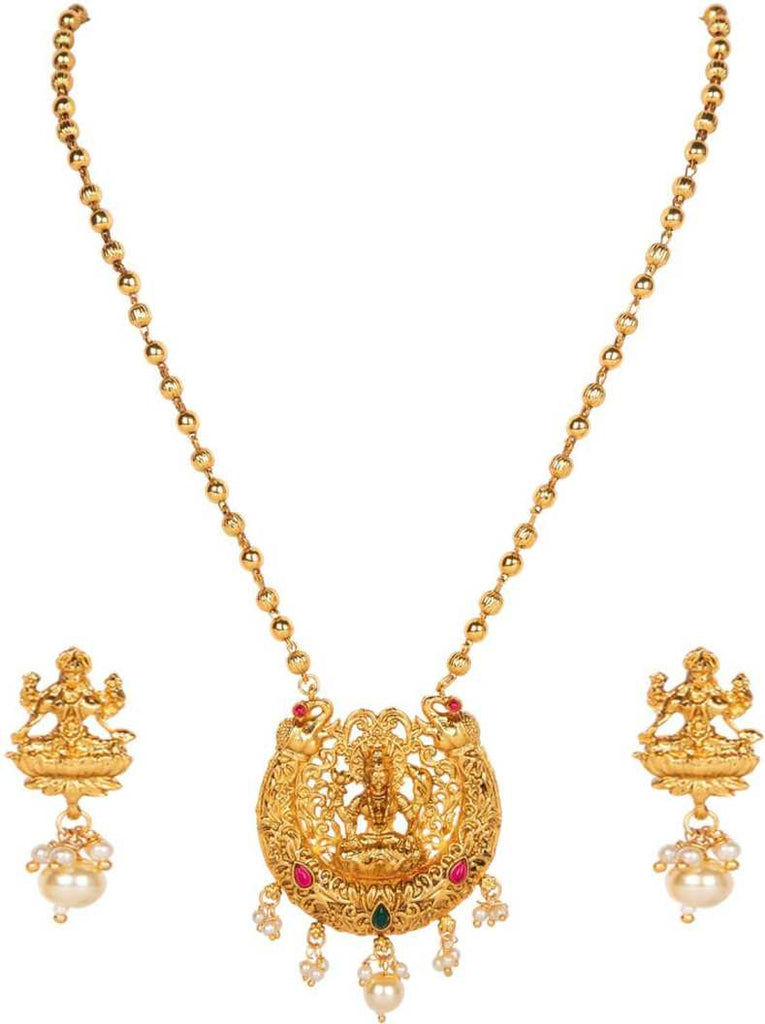 Women's Antique Matte Gold Finish White Stone Studded Temple Jewellery set