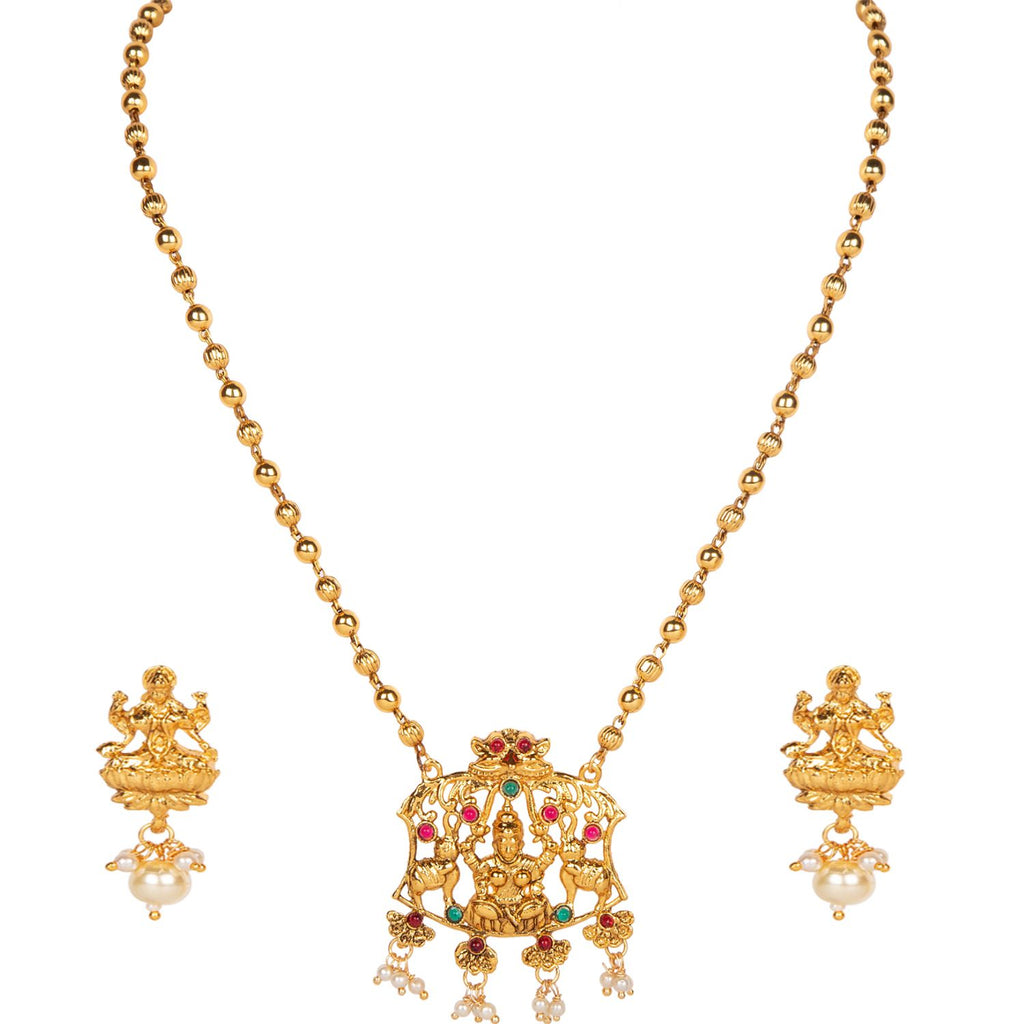 Women's Antique Matte Gold Finish Red And Green Stone Studded Temple Jewellery set