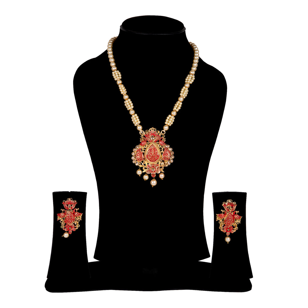 Women's Antique Matte Gold Finish Maroon Stone Studded Temple Jewellery set
