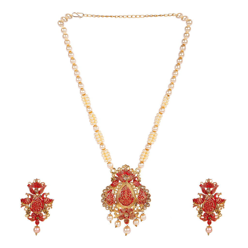 Women's Antique Matte Gold Finish Maroon Stone Studded Temple Jewellery set