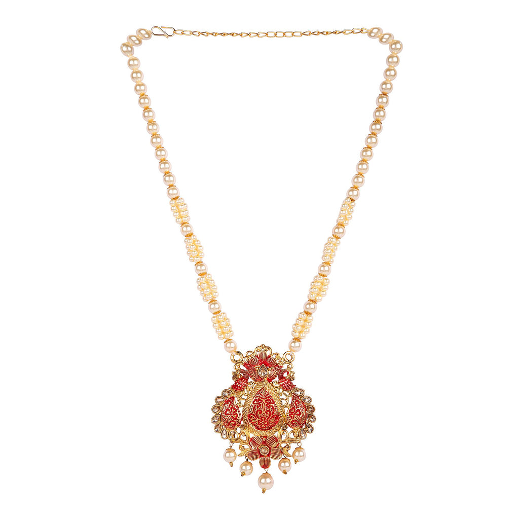 Women's Antique Matte Gold Finish Maroon Stone Studded Temple Jewellery set