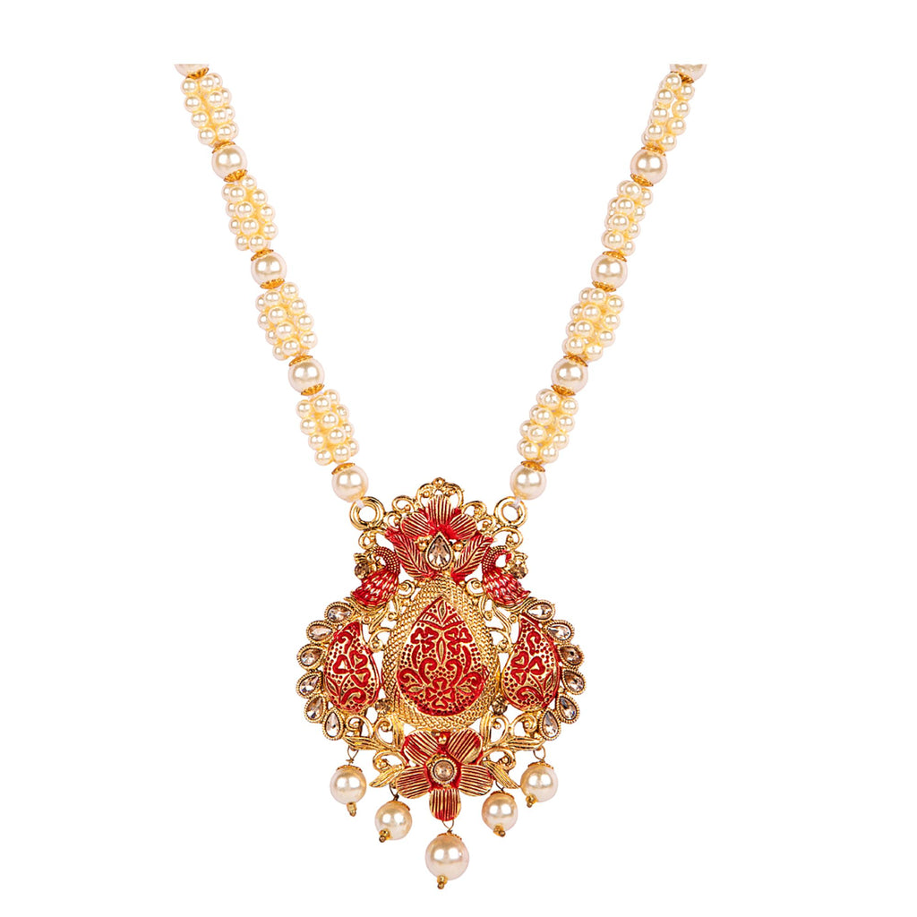 Women's Antique Matte Gold Finish Maroon Stone Studded Temple Jewellery set