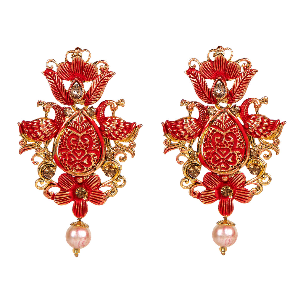 Women's Antique Matte Gold Finish Maroon Stone Studded Temple Jewellery set