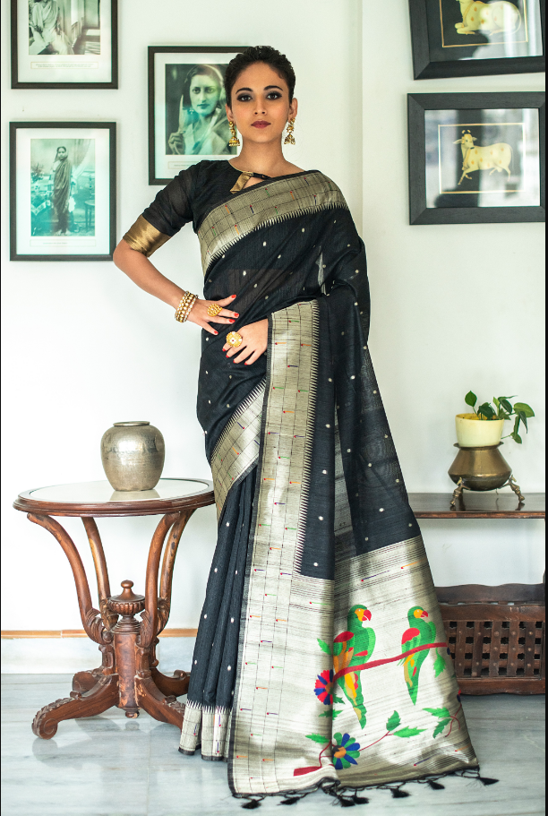 Women's Black Tussar Silk Zari Woven Saree With Blouse - Vishnu Weaves