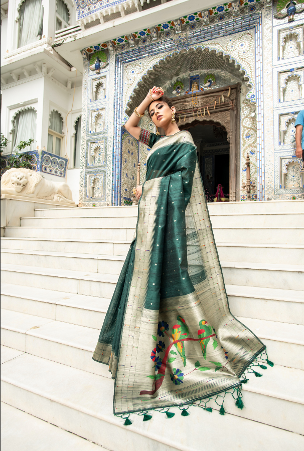 Women's Bt Green Tussar Silk Zari Woven Saree With Blouse - Vishnu Weaves